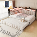 Upholstered Sofa Bed 90x200cm Pull-Out LED Storage USB/Type-C Beige Velvet