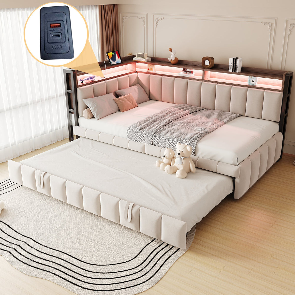 Upholstered Sofa Bed 90x200cm Pull-Out LED Storage USB/Type-C Beige Velvet