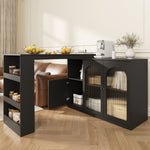 360° Rotating Bar Table, Multifunctional Dining & Bar Cabinet, Glass Door Storage, Black