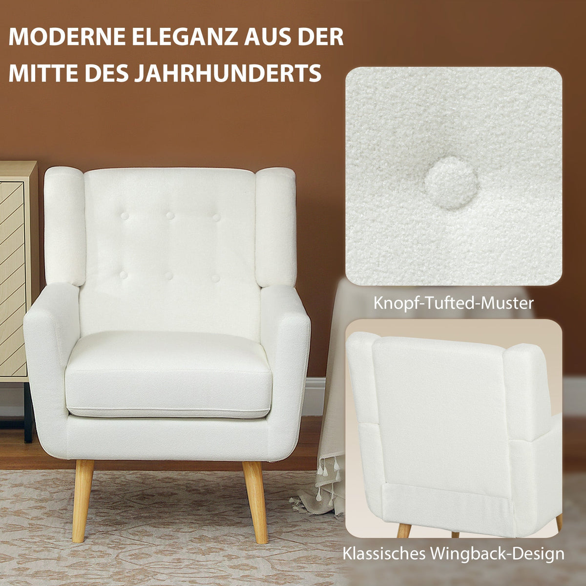 Armchair Tufted Lounge Chair with Teddy Fleece, White
