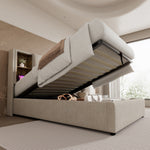 Single Bed, Wireless Charging USB C, Upholstered with Storage, 90x200cm Wood-Natural Linen