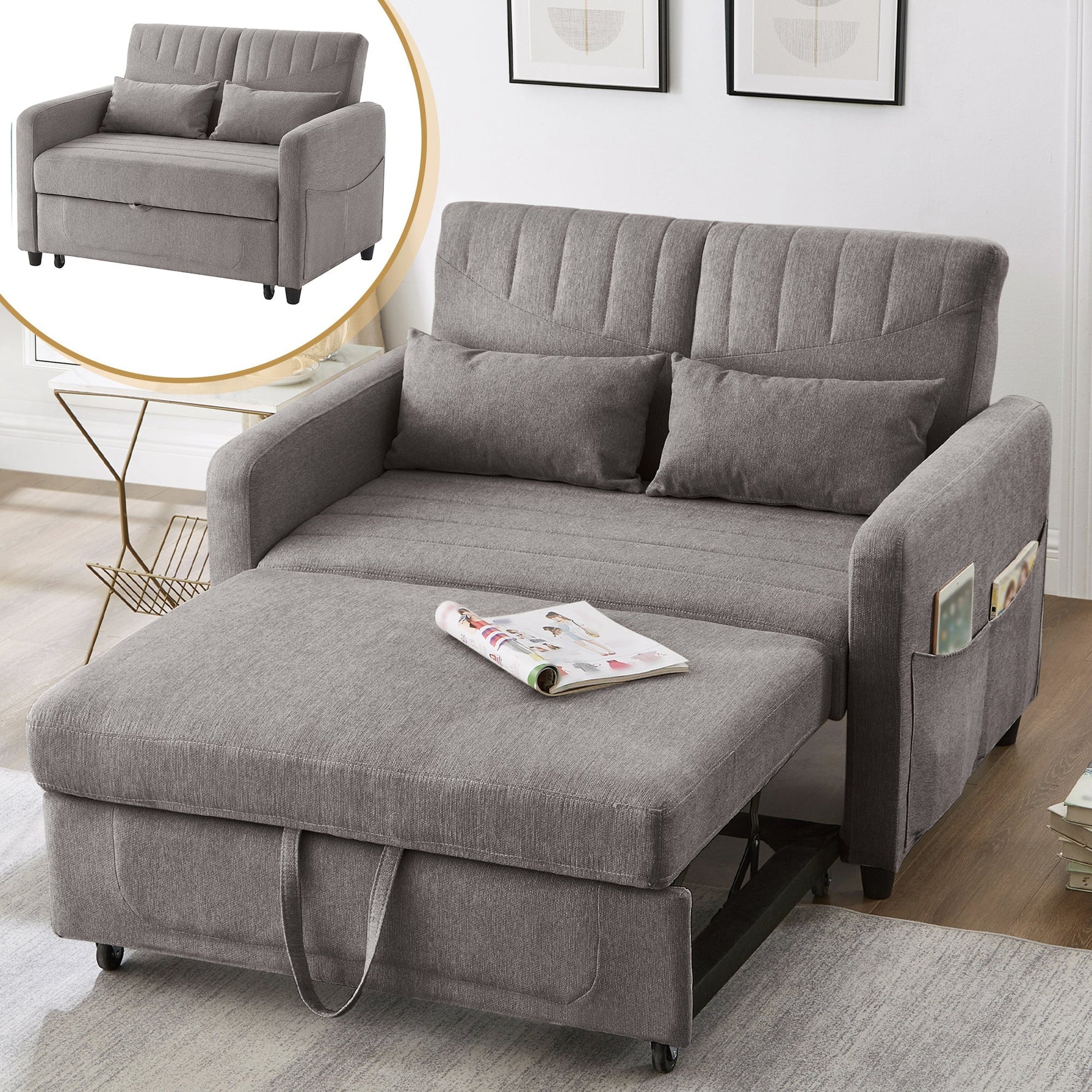 Two-Seater Sofa Bed with Adjustable Backrest and Pull-Out Design, Cotton-Linen Fabric