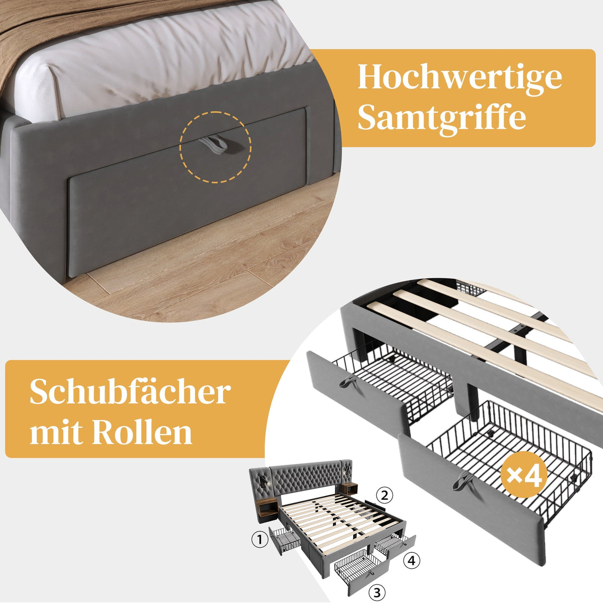 Complete Bedroom Bed Set with 2 Bedside Tables, 4 Drawers, USB and Reading Light, 180x200cm, Grey Velvet