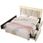 Upholstered Bed, LED Lighting, 4 Drawers, Adjustable Headboard, 140x200cm, Beige