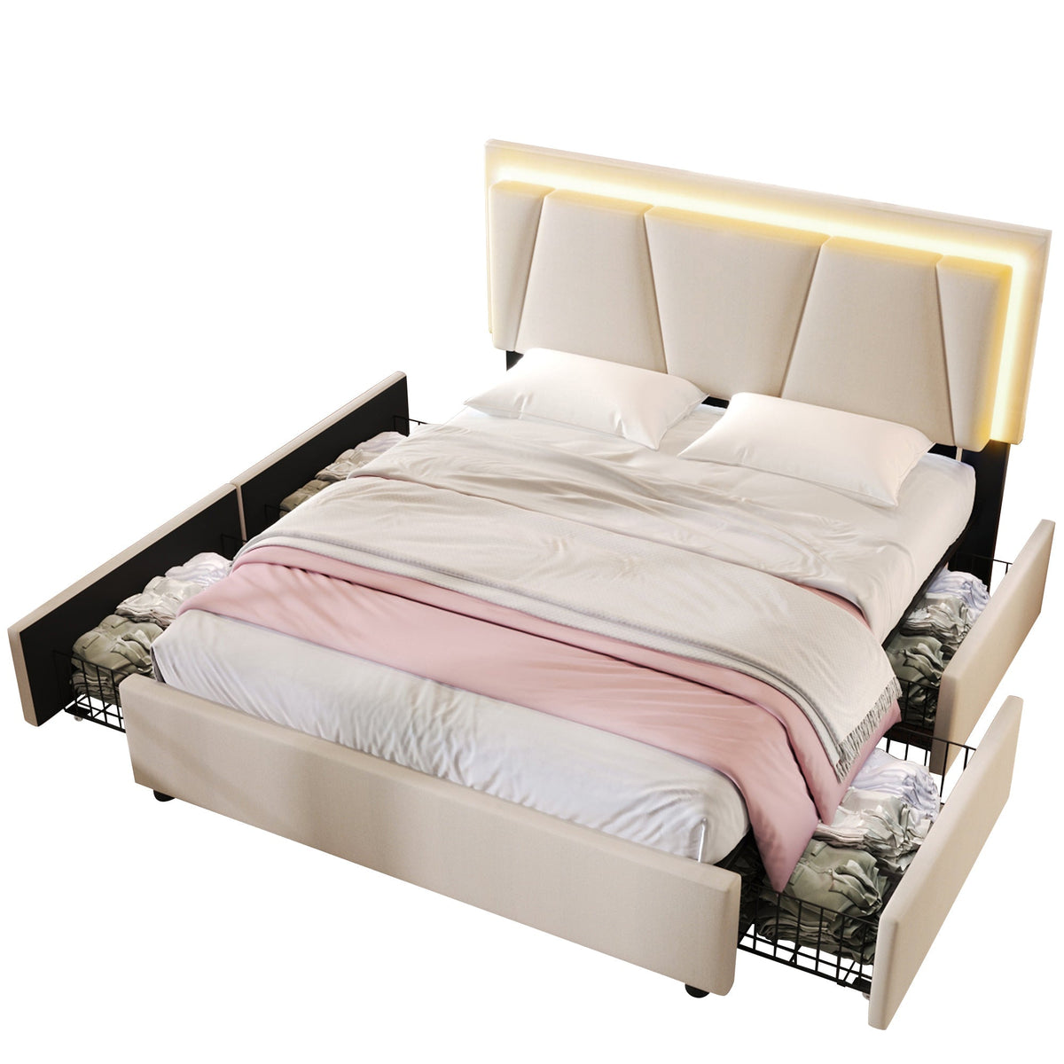 Upholstered Bed with LED Lighting, 4 Drawers and Adjustable Headboard, 160x200cm, Beige