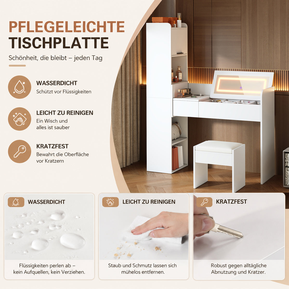 Dressing Table with LED Mirror, USB Charging & Stool, White