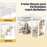 Loft Bed 140x200cm with LED & Storage, White Iron Frame
