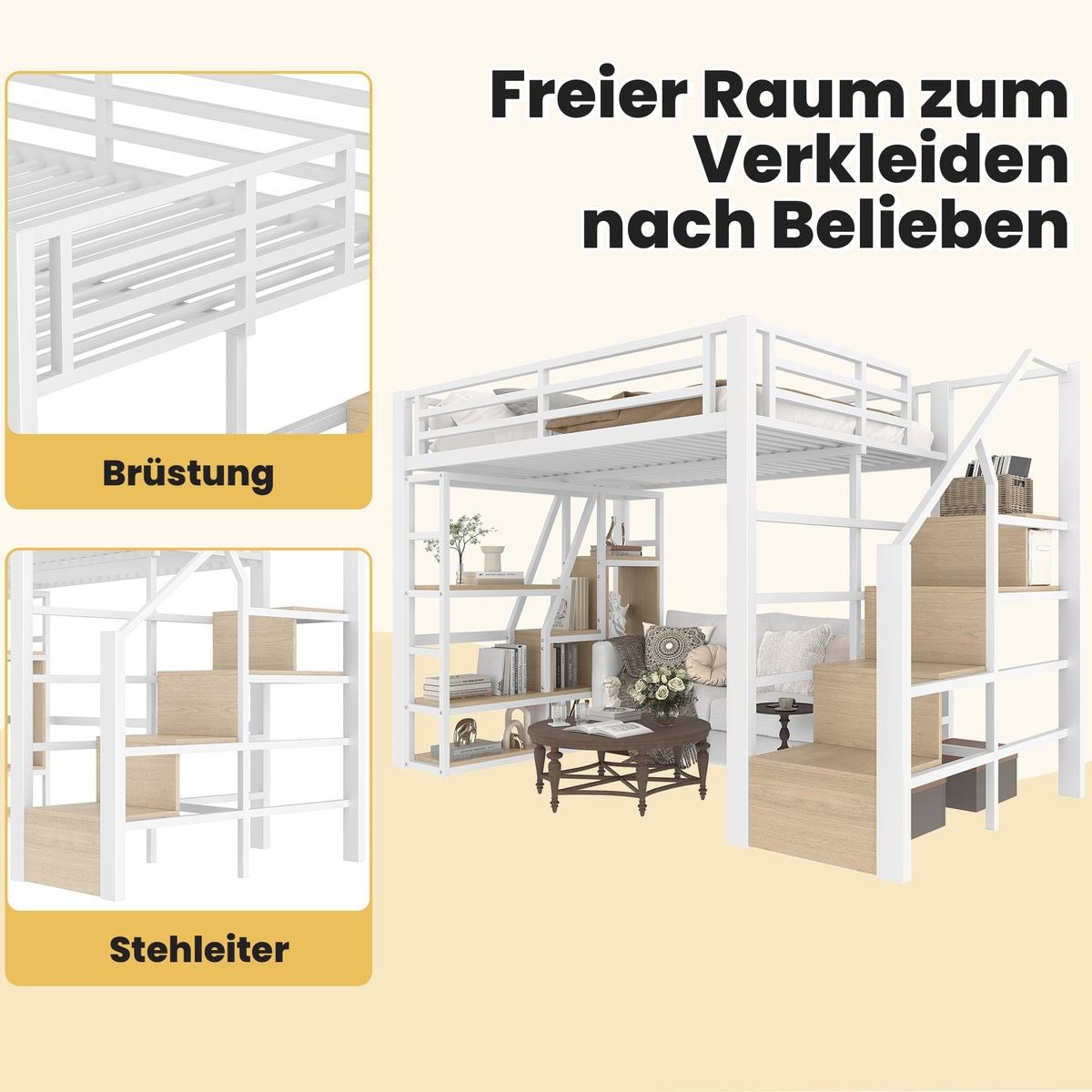 Loft Bed 140x200cm with LED & Storage, White Iron Frame