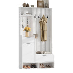 6-in-1 Coat Rack Shoe Cabinet, 8 Hooks, Shoe Bench, Compact Wardrobe Drawers/Shelves, White