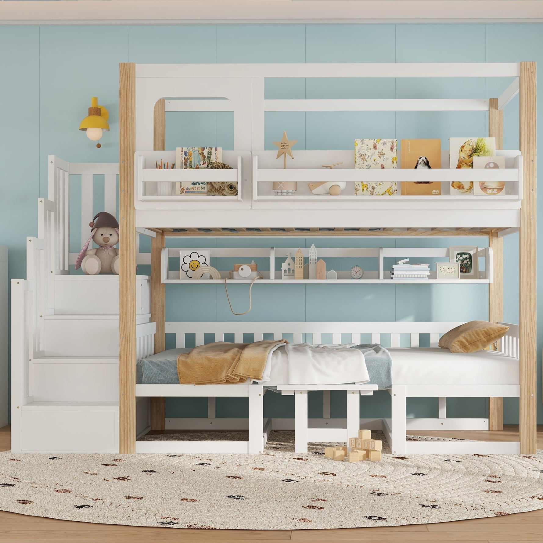 Bunk Bed with Adjustable Table, Bookshelf and Storage Stairs, 90x200cm, White and Natural Pine + MDF