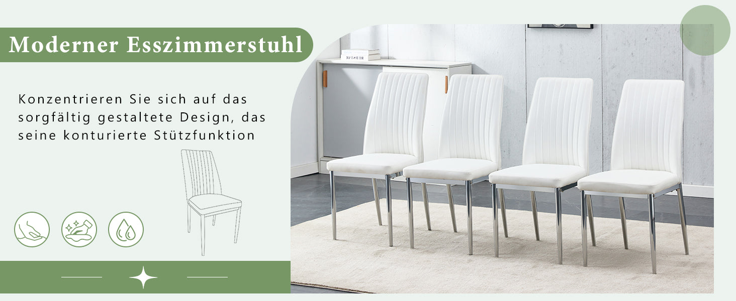 Dining Chairs 4-Piece Set, Silver Metal Legs, White PU Leather
