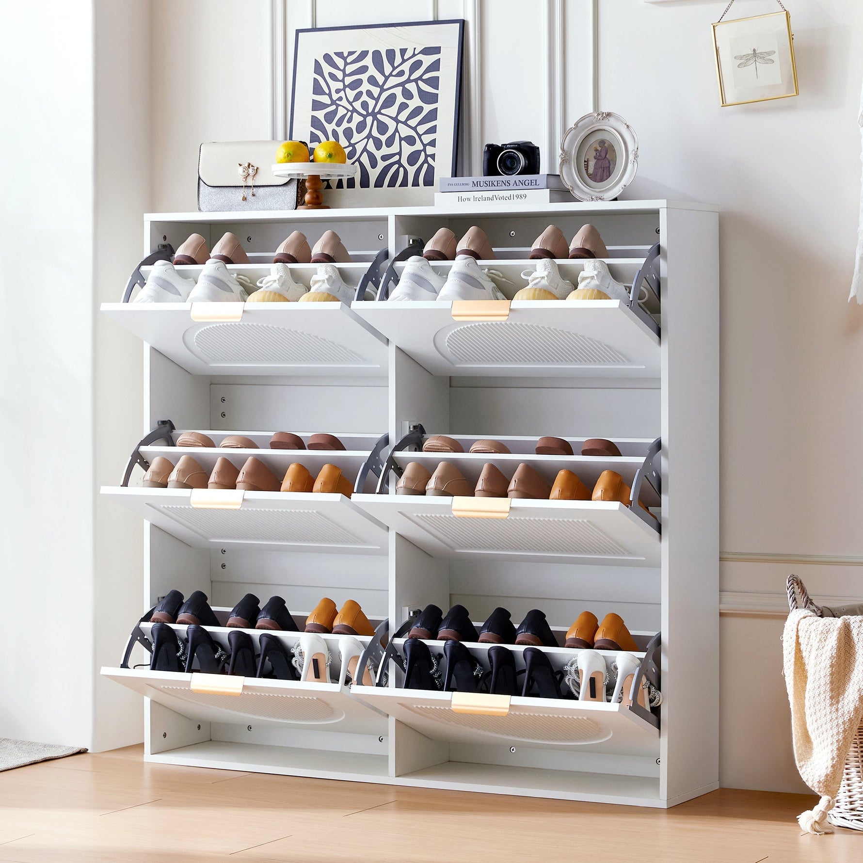 Shoe Cabinet 6 Flaps Open Shelves Freestanding 118x115x25cm - White