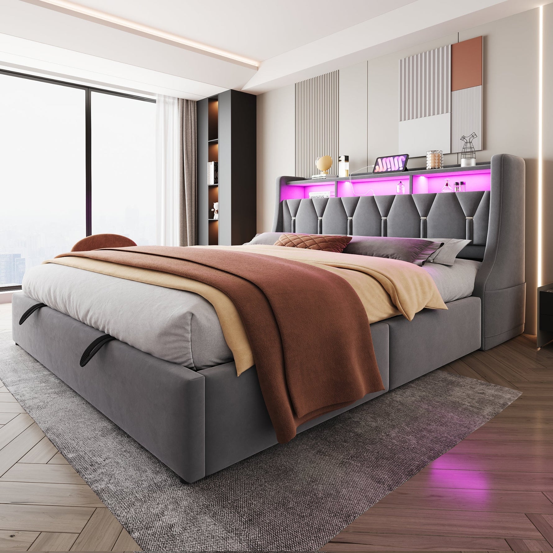 Upholstered Bed 180 x 200 cm with Hydraulic Storage and LED Lighting, Grey Velvet