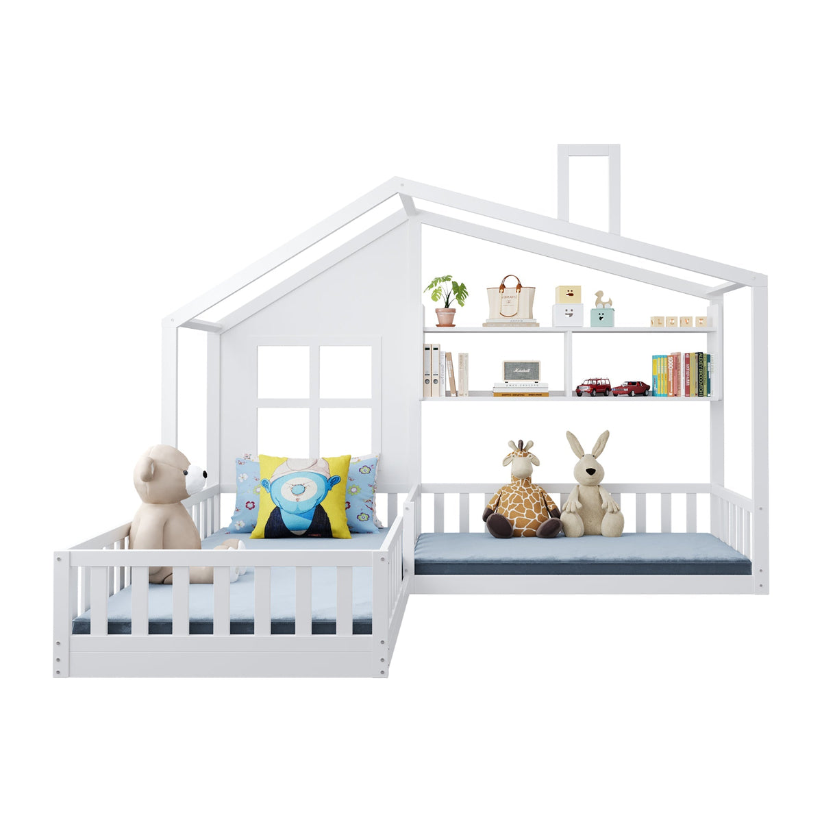 Children's Bed with Window, Shelves and LED Light Strip, 90x200cm, White Solid Wood