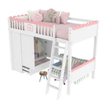 Bunk Bed with LED Lights, Wardrobe & Drawer, White Pine Wood