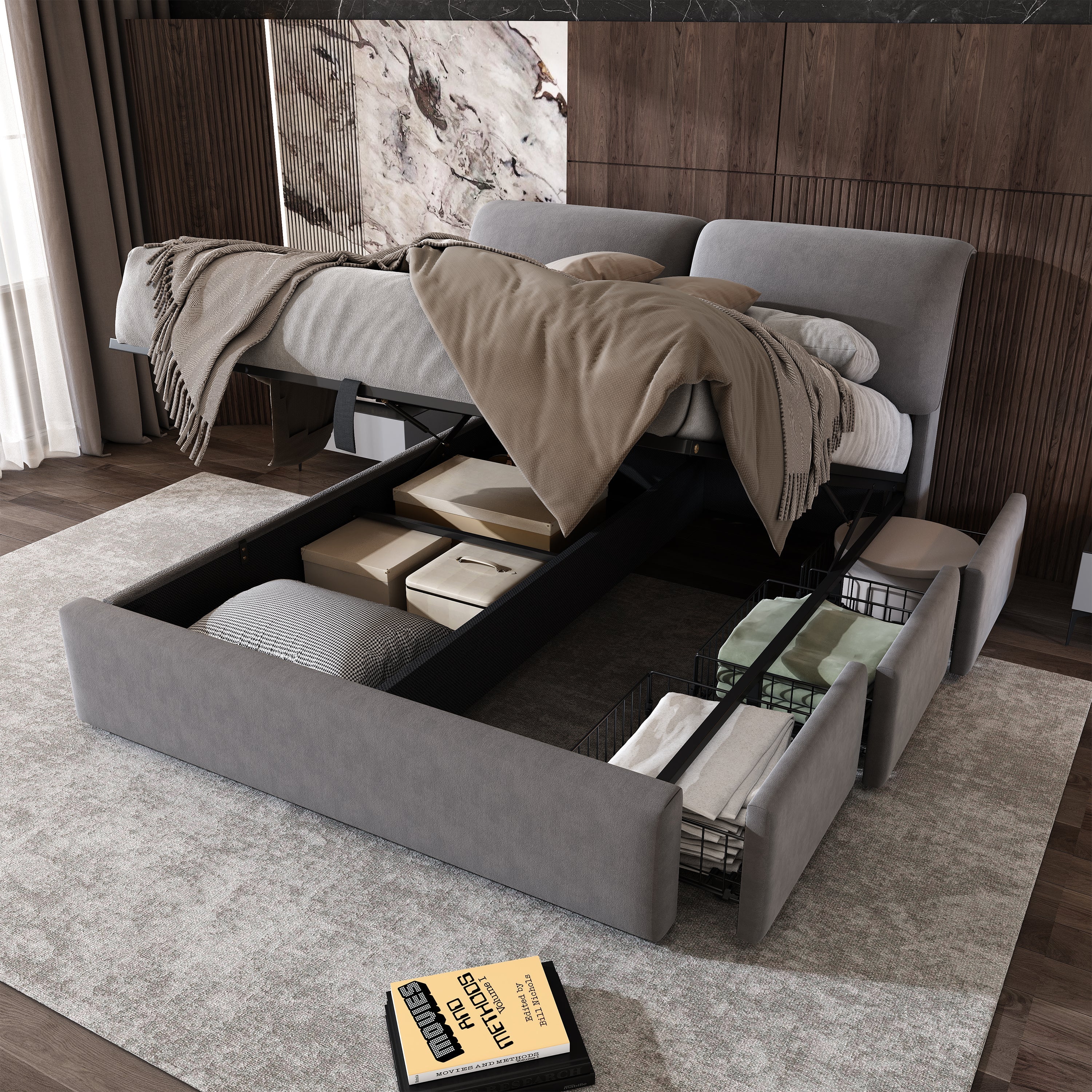 Upholstered Bed with Hydraulic Base, Three Drawers and Storage, 140x190cm, Gray Velvet