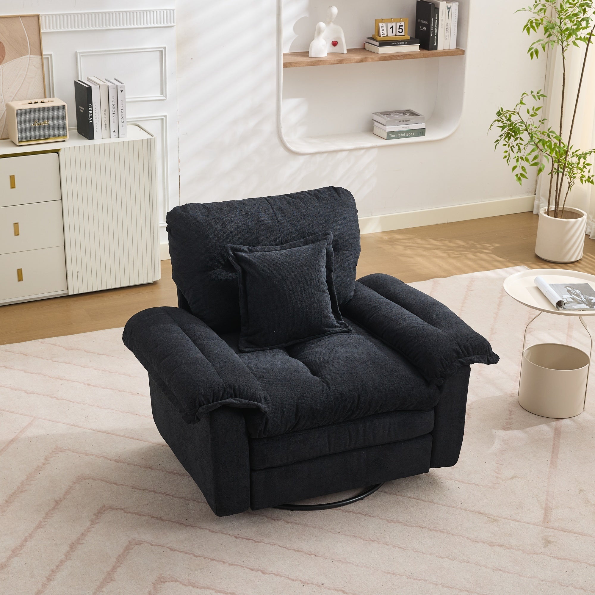 Oversized Chenille Armchair with 360° Swivel and Support Cushion, Light Gray