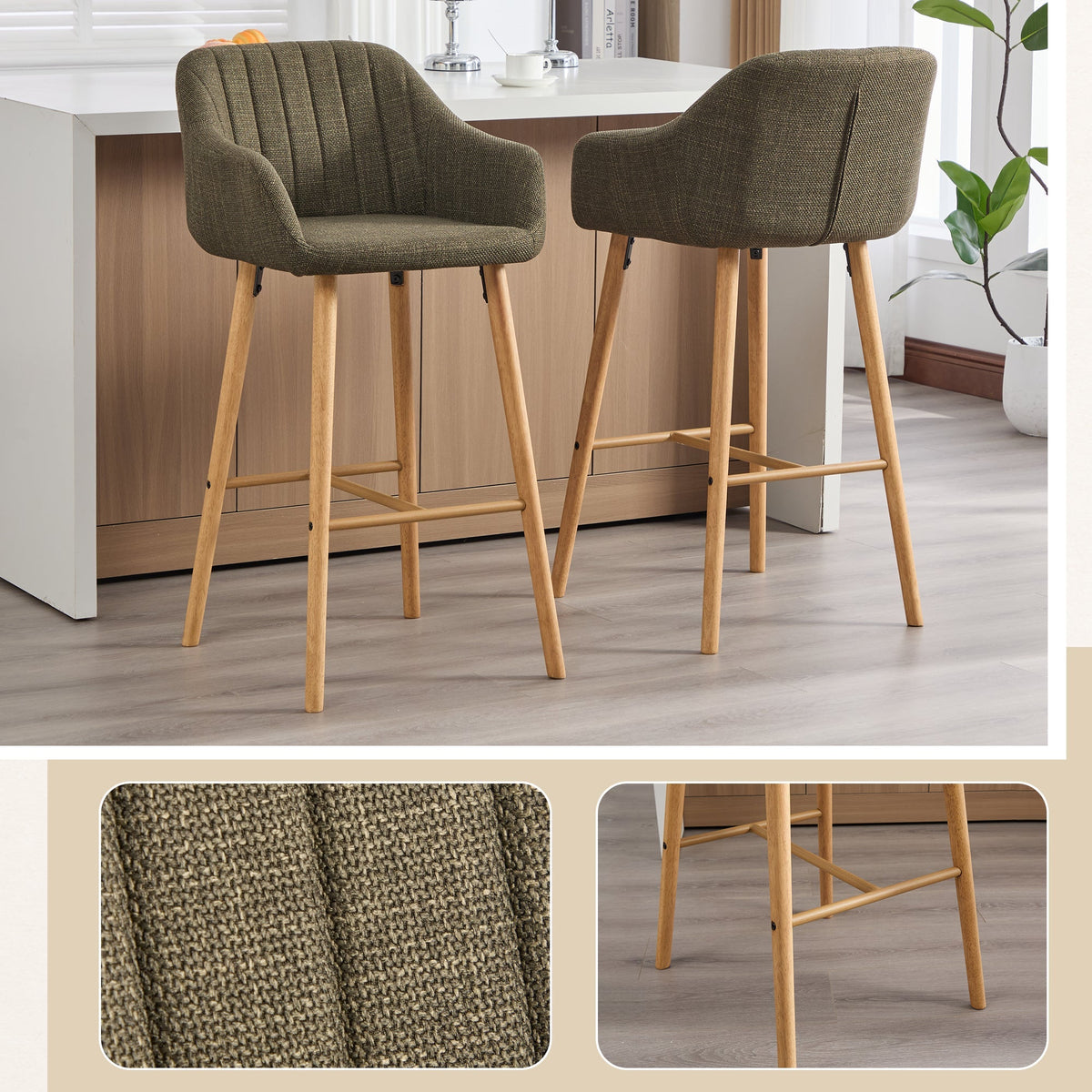Modern European Bar Stools with High Backrest and Armrests, Set of 2, Beige Linen