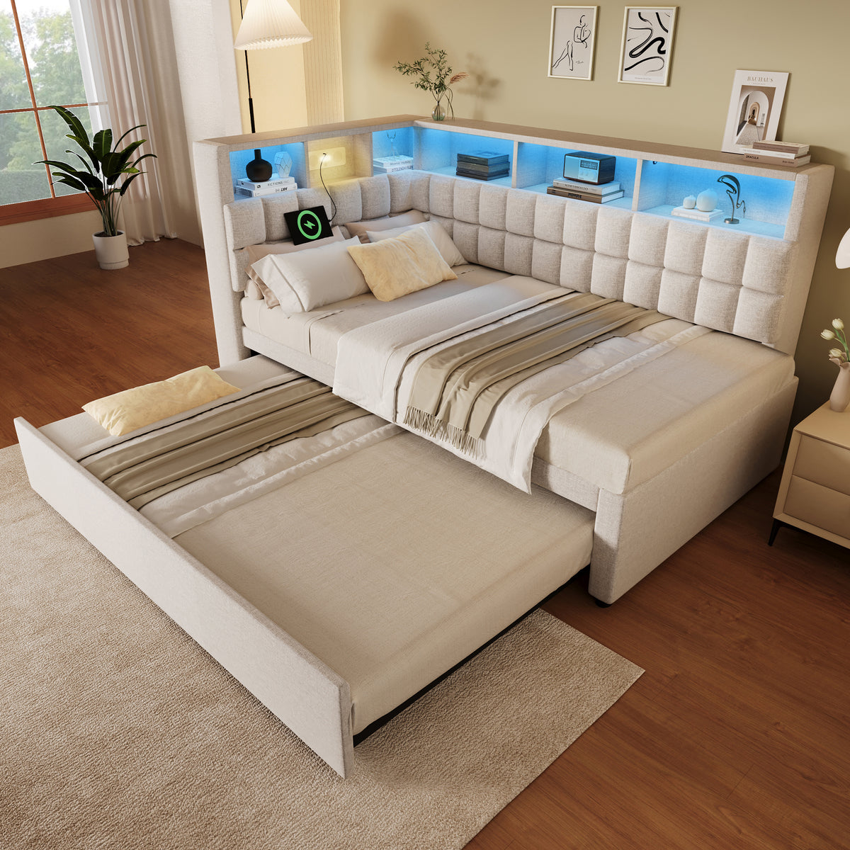 Upholstered Bed 90x200 with Trundle, LED & USB, Beige Linen