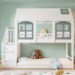 Bunk Bed with Roof & Window, Safety Gate & 3 Stair Lockers, 90x200cm Pine+MDF White+Grey
