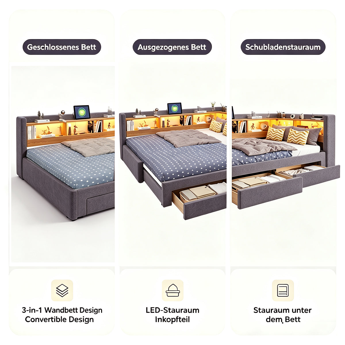 3-in-1 Sofa Daybed 90x200cm Extendable with LED & Drawers