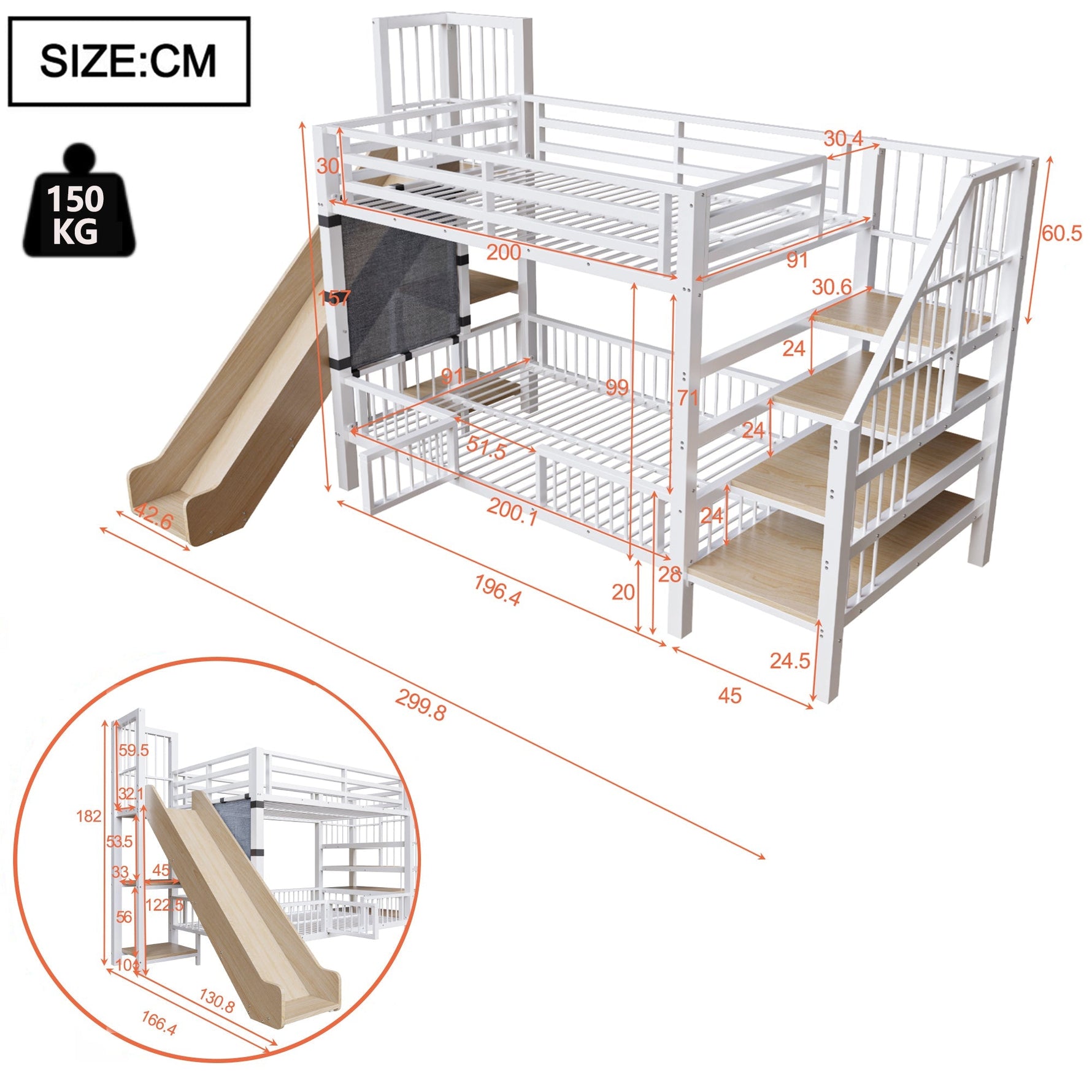Children's Metal Loft Bed with Slide, Storage Stairs and Integrated Shelves, 90x200cm, White