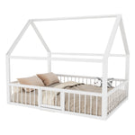 Flatbed Metal Bed 140x200cm with House Trim & Railing - White