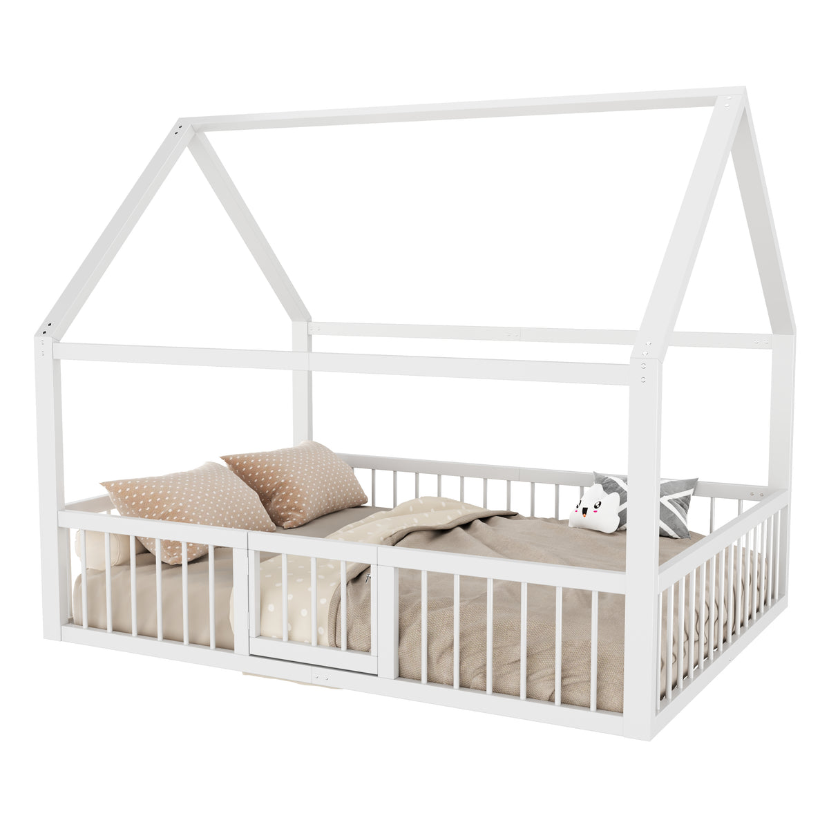Flatbed Metal Bed 140x200cm with House Trim & Railing - White