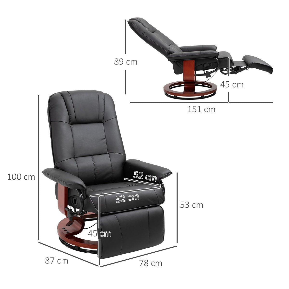 Recliner Chair TV with Footrest 360° Swivel Wooden Base Faux Leather Black