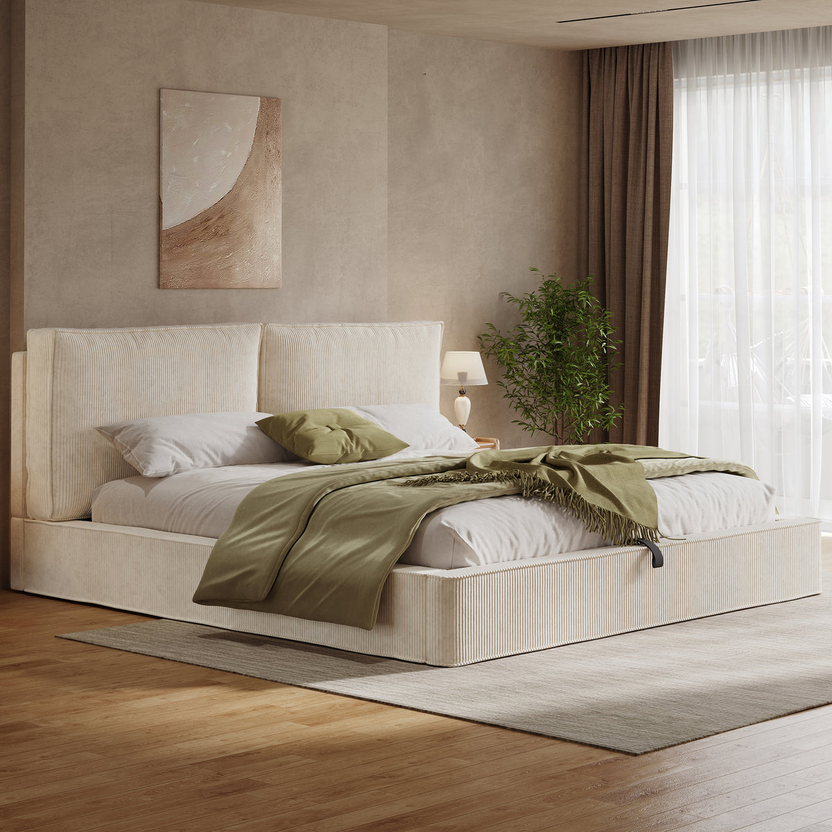 Upholstered Double Bed 180x200cm, Hydraulic Frame, Beige Corduroy
