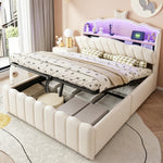 Upholstered Children Bed 140x200 Storage & LED, Beige Velvet