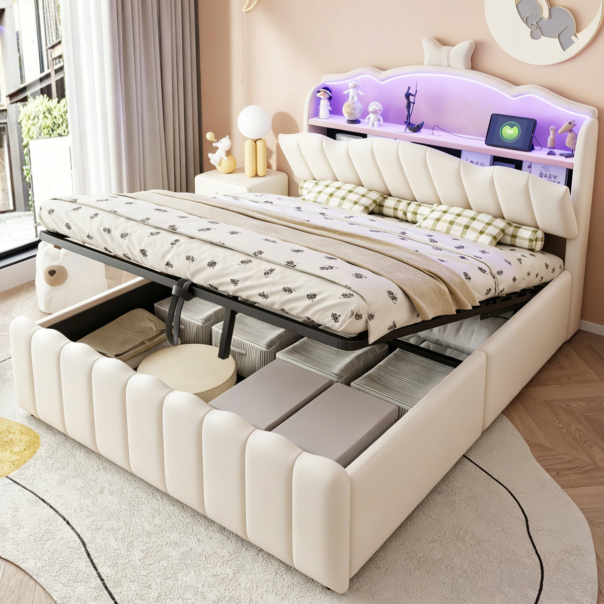 Upholstered Children Bed 140x200 Storage & LED, Beige Velvet
