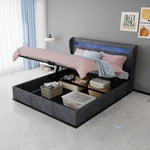 Upholstered Bed 160x200cm with LED Headboard & Storage, Grey