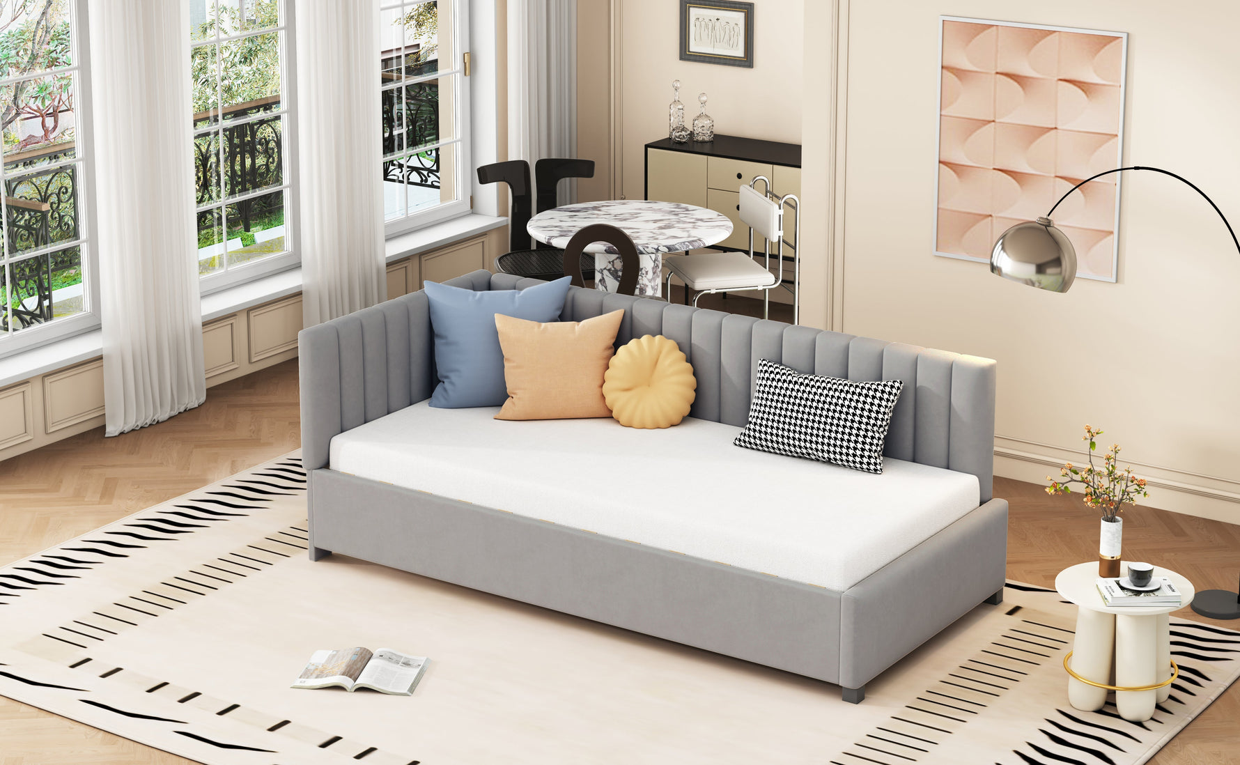 Upholstered Bed Sofa, 90x200 Multifunctional with Slatted Frame, Skin-Friendly Velvet Fabric Gray