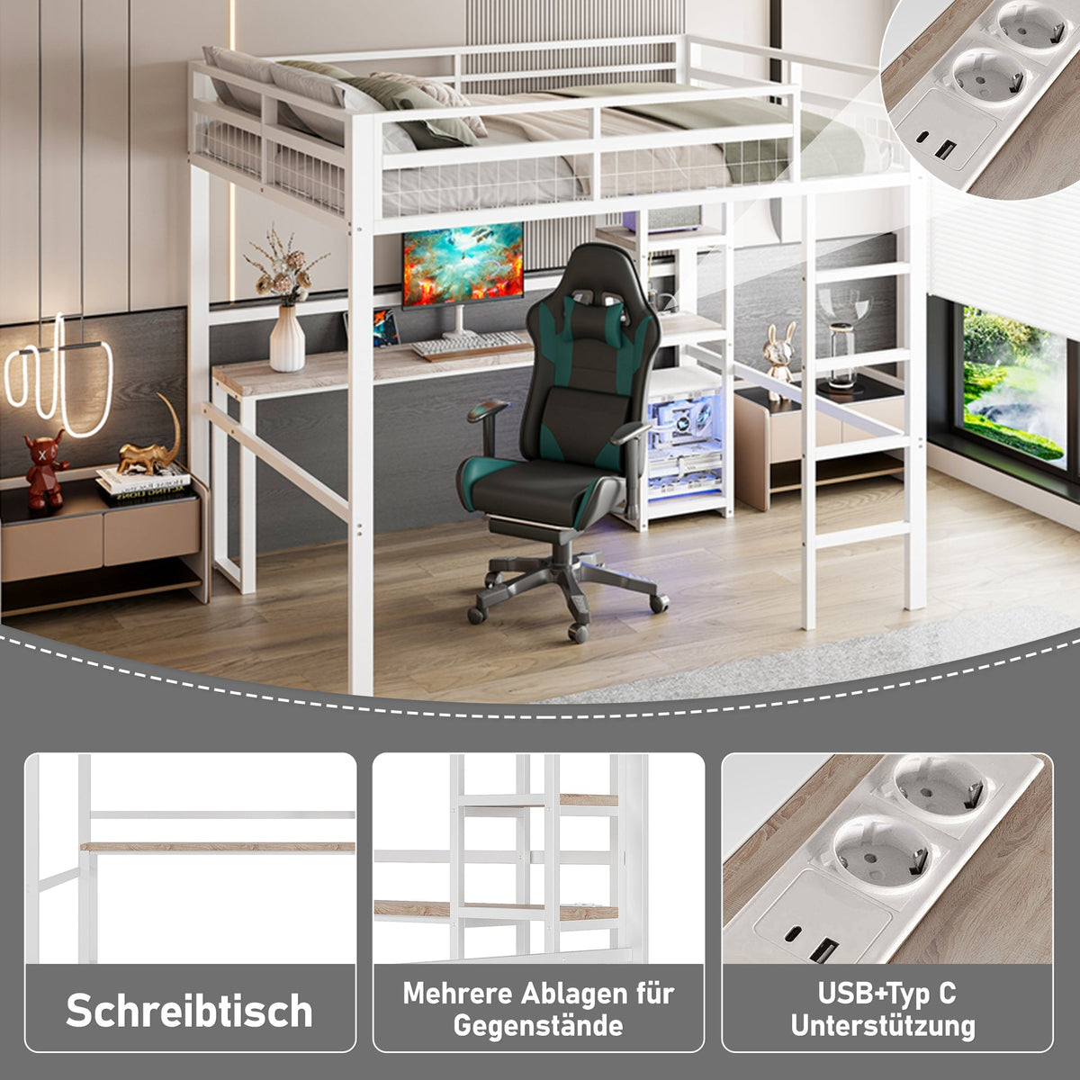 Loft Bed 140x200cm Desk Power/USB-C Shelves Stepladder - White Iron Frame