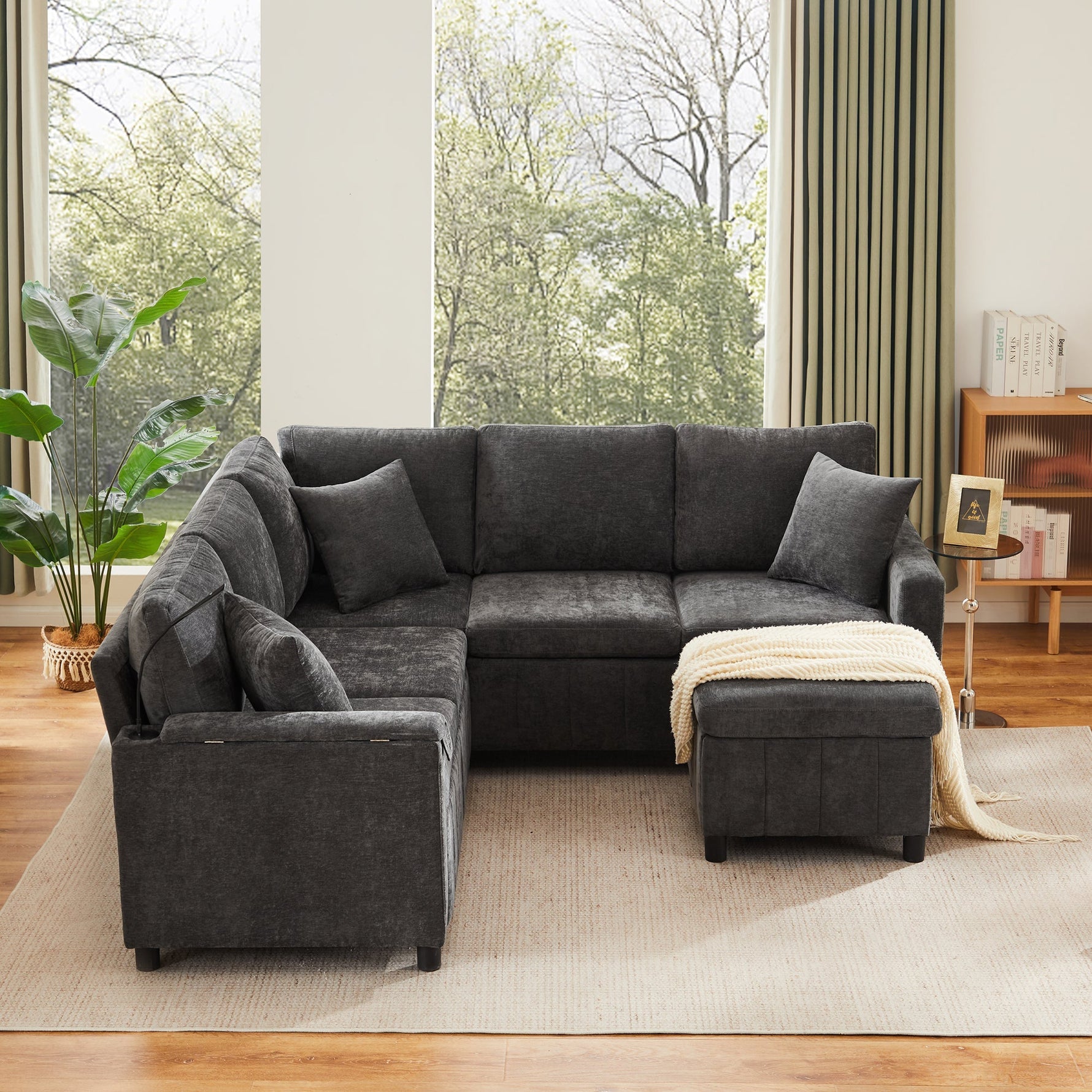 Chenille Corner Sofa Bed with Ottoman, USB Charging and Hidden Table, Grey