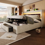 Upholstered Bed 180x200cm Hydraulic Storage LED USB/USB-C Headboard with Compartment Beige Linen