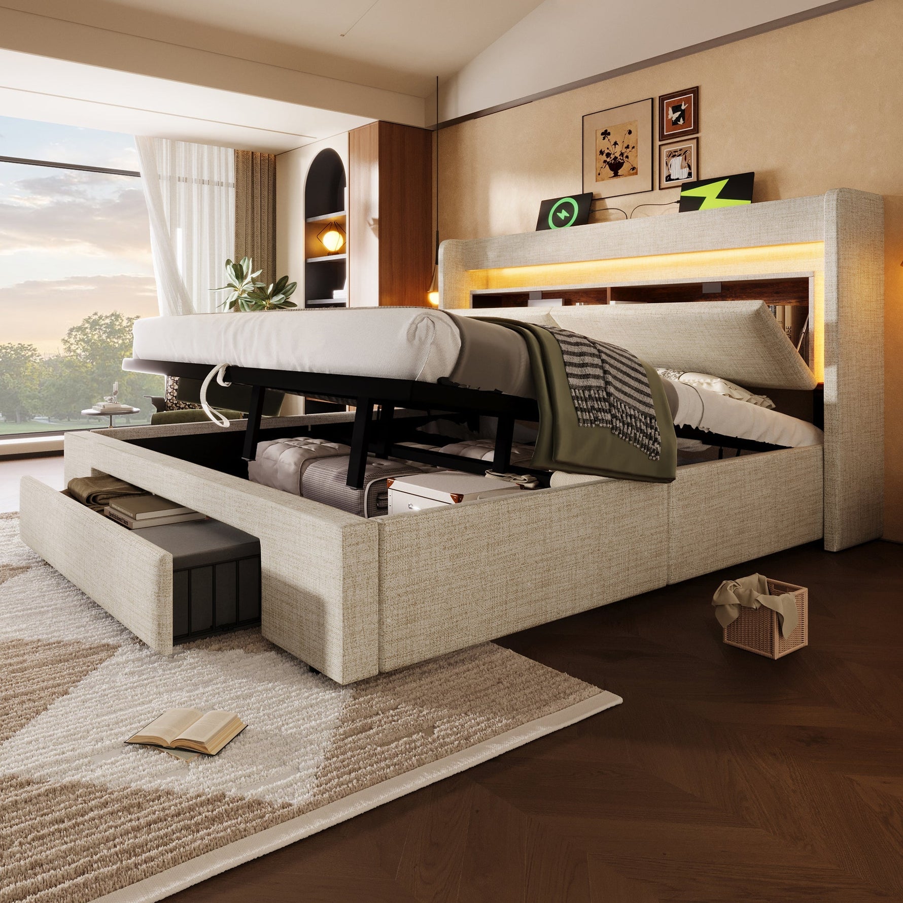 Upholstered Bed 180x200cm Hydraulic Storage LED USB/USB-C Headboard with Compartment Beige Linen