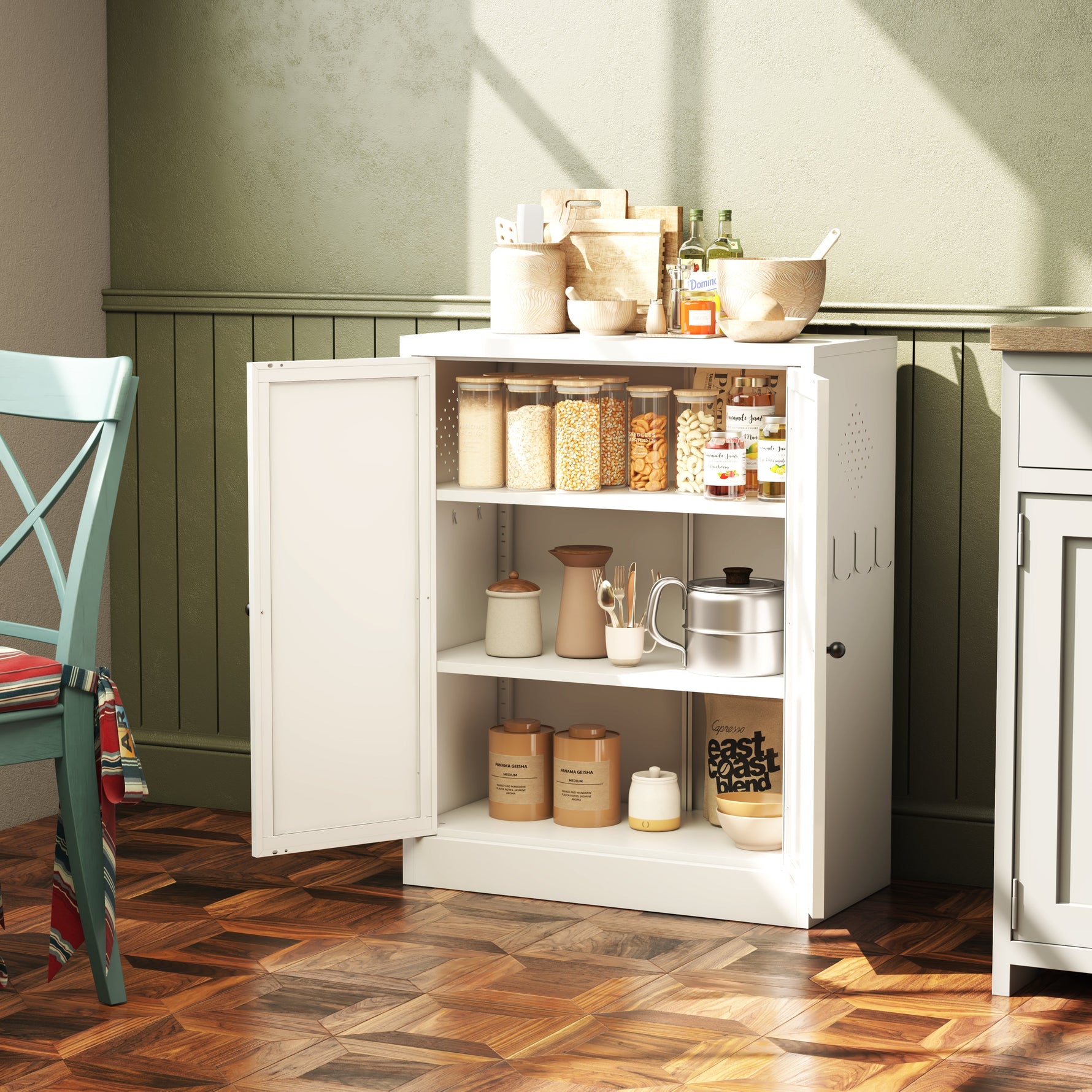 Freestanding Storage Shelf 88cm High, Height-Adjustable Shelves, Metal White