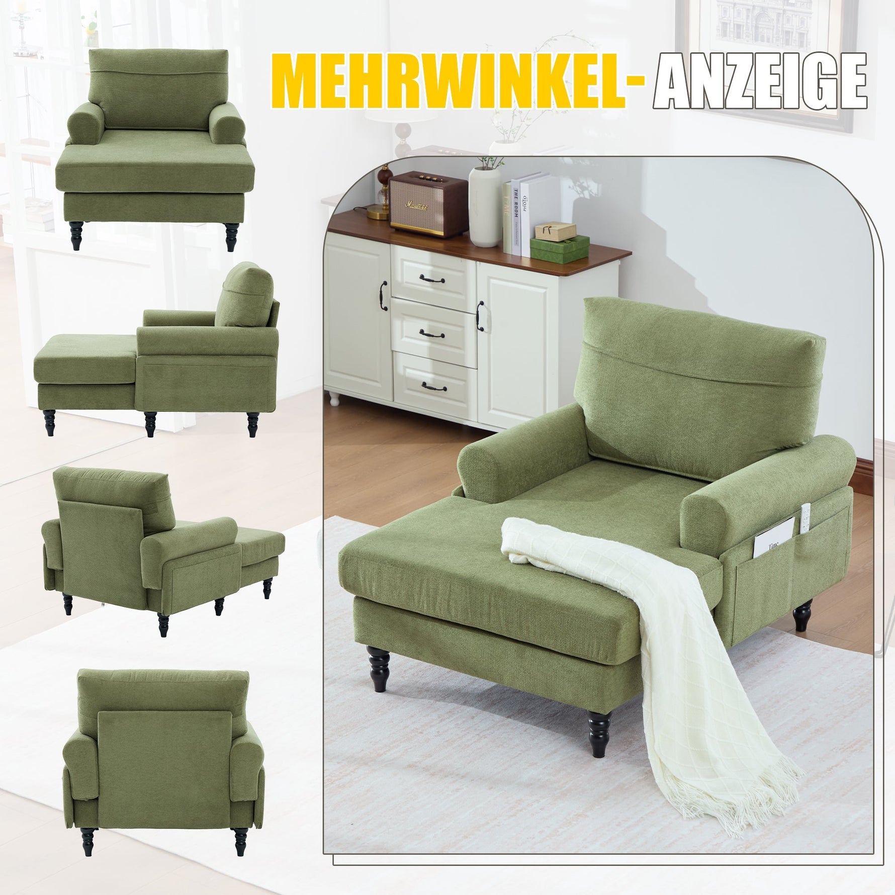 Modern Minimalist Lounger Sofa with Storage Pockets and Wooden Legs, Chenille