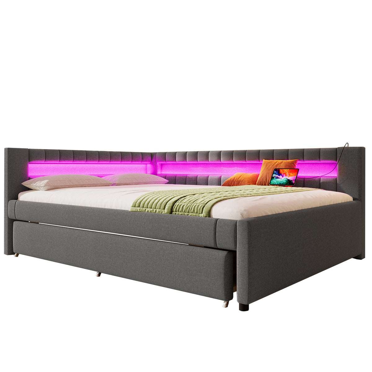 Daybed Sofa Bed 140x200cm with LED Light & Trundle, Grey Linen