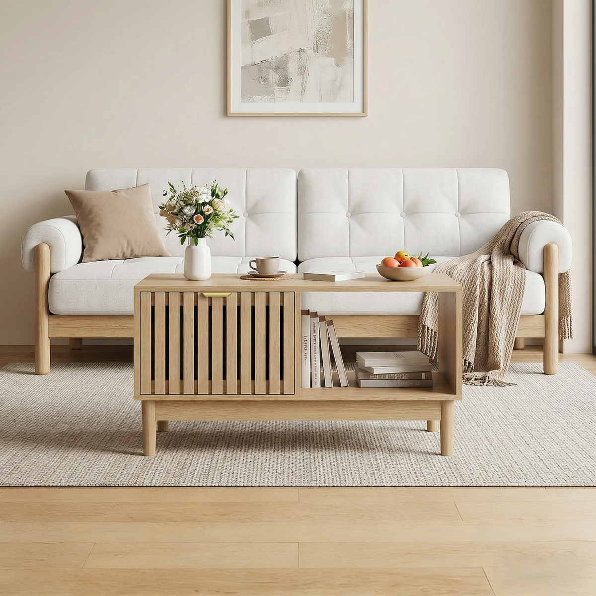 Mid-Century Modern Coffee Table with Drawer and Open Shelves, 80cm, Oak Color