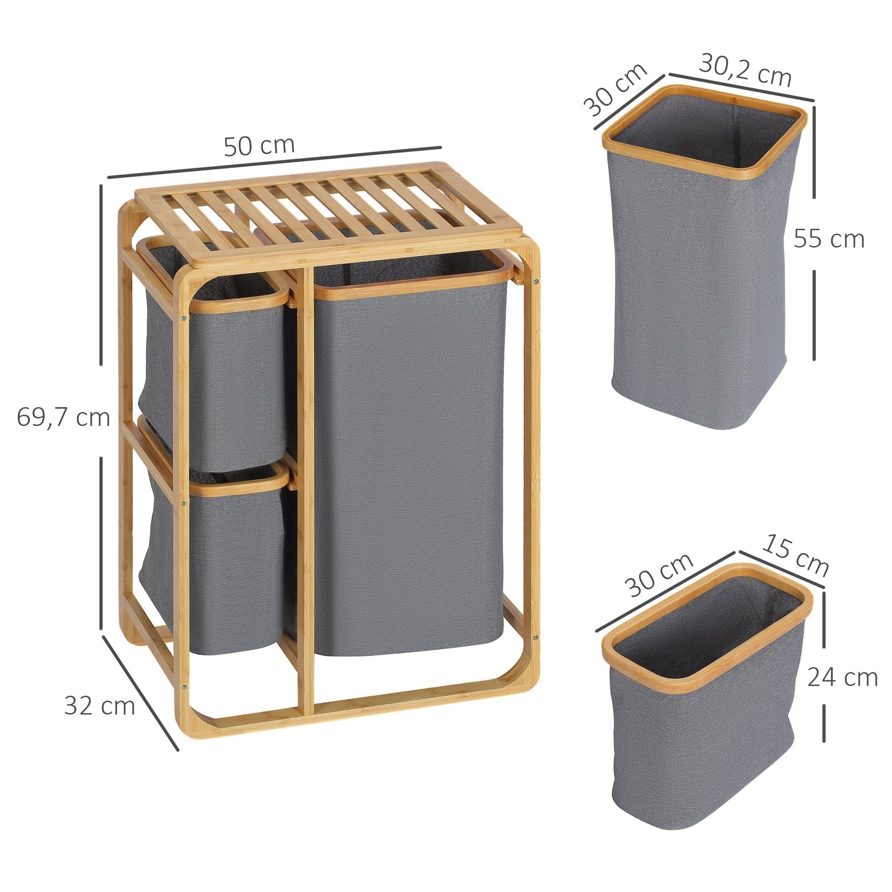 Laundry Basket, Platform Laundry Collector with 3 Removable Bags, Grey+Natural Bamboo