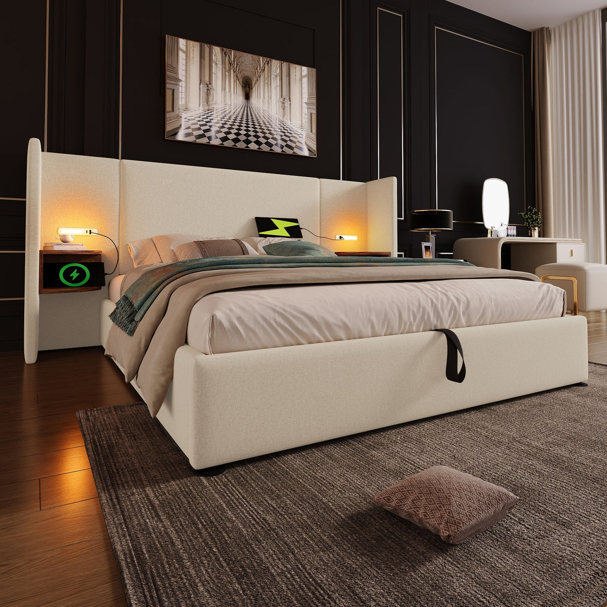 Upholstered Double Bed 180x200 with Bedside Table, Reading Lamp, USB-C Charging, Beige Linen