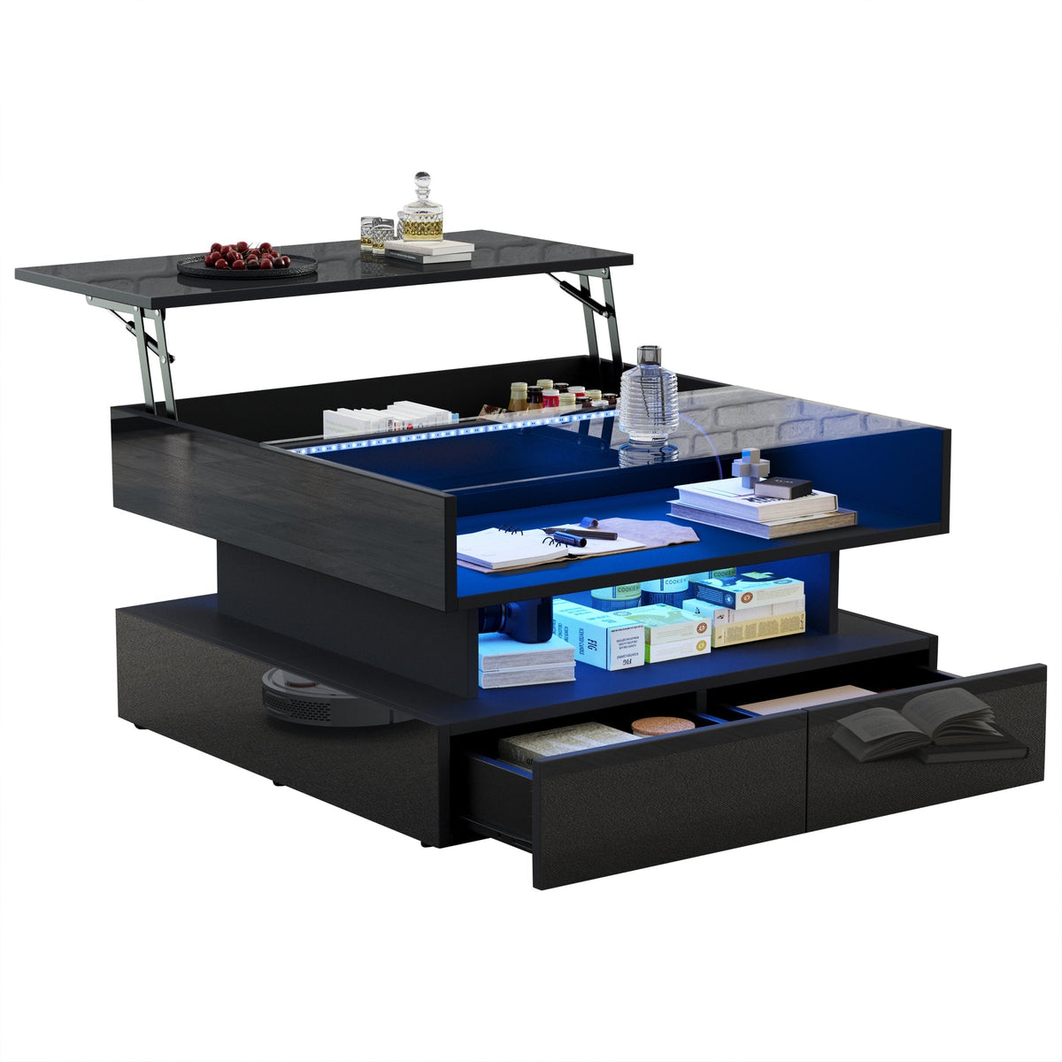 Coffee Table Height-Adjustable Hidden Storage LED Lights Tempered Glass, Black
