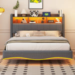Upholstered Bed, 140*200, LED Light, USB/Type-C, Linen Fabric Gray