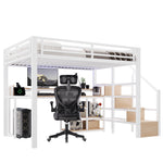 Loft Bed 140x200cm with Ladder Cabinet & LED, White Metal