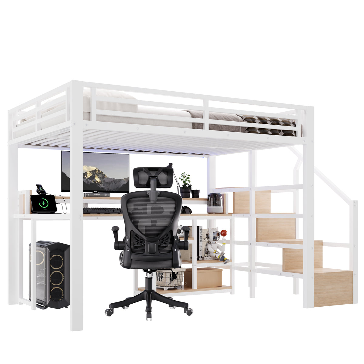 Loft Bed 140x200cm with Ladder Cabinet & LED, White Metal