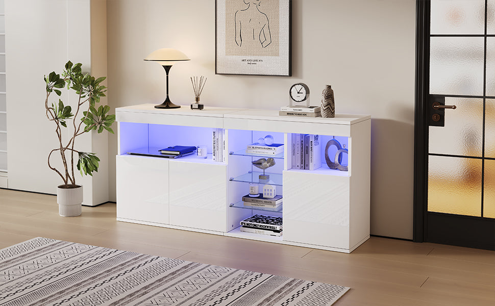 High-Gloss Cabinet 155.5cm LED 3 Doors Glass Partitions - White