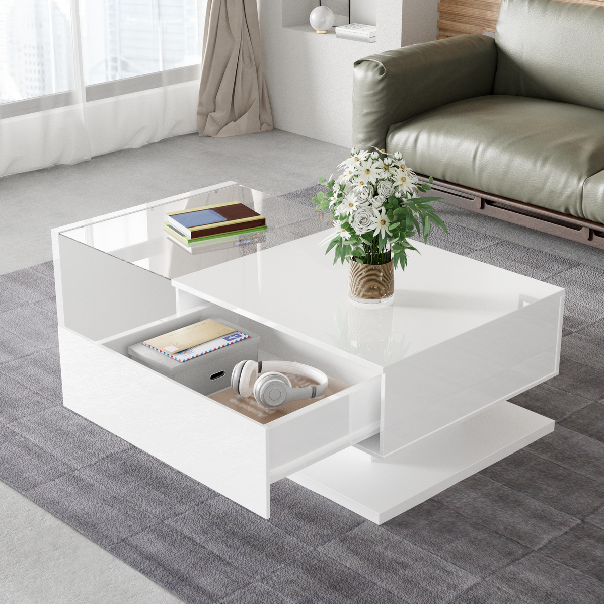 Coffee table, high-gloss white
 Side table, coffee table, with glass and LED effect